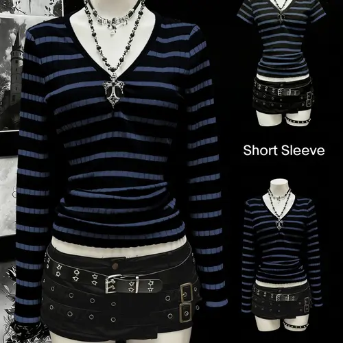 Halloween Women's Long Sleeve Short Sleeve T-Shirt, Gothic Striped V Neck Slim Fit Knit Top, Tight Knit Material Slimming Effect, Knitwear