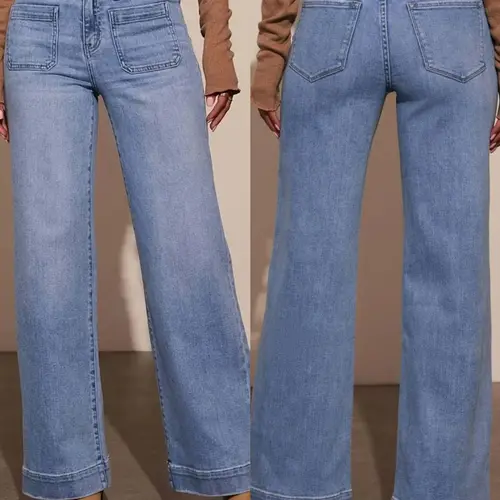 Women's Wide-Leg Loose-Fit Jeans, High-Waisted High Waist Rise Button Fly Denim Jeans with Pockets, Fashionable Basic Comfortable Casual Wear Pants for All Seasons Denim Clothing