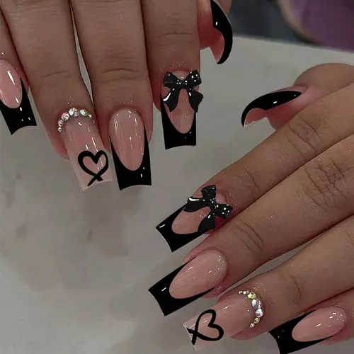 24pcs French Manicure Nail Art Set, French Tips Nails, DIY Nails, Sweet Cool Rhinestone Decorated Heart Pattern & 3D Bow Design, Sparkly Rhinestones, Water Drill Press-On Nails, Decorative Nails, Glitter Nails for Party & Daily Wear