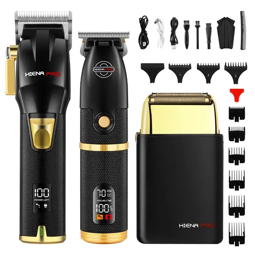 HIENA PRO Men's 3-Piece Salon Professional Black and Gold Cordless Hair Clipper & Trimmer Set - USB Rechargeable Barber Equipment with LCD Screen, USB Port, Adjustable Blade, Body Hair Trimmer, Youth Home Haircut Tools