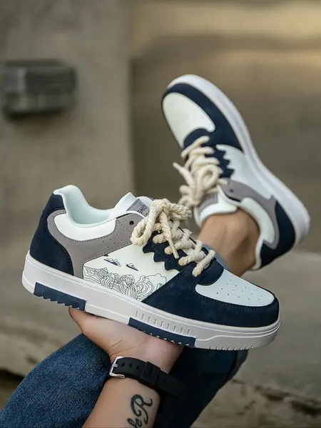 Men's Casual Colorblock Patchwork Oil Painting Print Low-Top Lifestyle Sneakers, Trendy Walking Sneaker, Stylish Sneakers, Daily Outdoor Lace-Up Sports Shoes for Couples