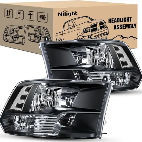 Nilight Quad Headlamp Assembly Replacement Truck Accessories for 2009-2018 Ram 1500 2500 3500 Quad Model Pickups, ABS Plastics, Black Housing, Transparent Corner, Transparent Lens, Shock Resistant, Waterproof, Driver's & Passenger's Side, Driver's Side An
