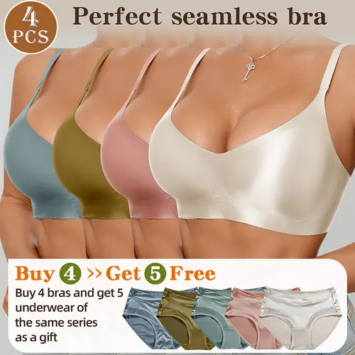[Buy 4, get 5 free]4pcs Seamless Bra Set for Women – Soft & Comfortable Wireless Bras with Glossy Satin Finish, Adjustable Straps & Non-Removable Pads, Breathable Nylon Spandex Blend, Sheer Lingerie in Multiple Colors for Everyday Casual Wear Womenswear t