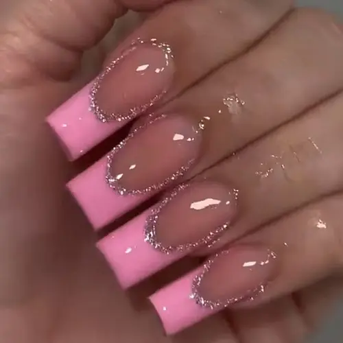 24pcs Medium Square Press-On Nails, French Style Glossy Nail Polish, Reusable Detachable Nail Tips, Glossy Fake Nails, Glitter Nails for Party Daily Wear, Nails Press Ons