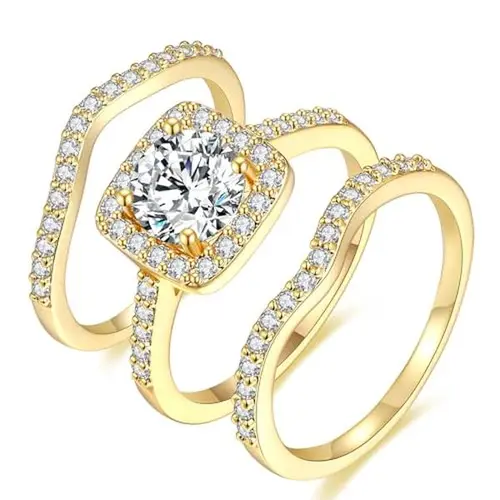 MDFUN 1.5 CT Round Opal Halo 3-in-1 Stackable Set - Elegant Engagement, Vintage Promise, Wedding Matching Rings for Women, Costume Jewelry Gift R-0969