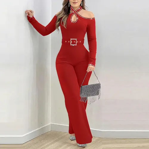 CHICME Rhinestone Decor Formal Jumpsuit Cold Shoulder Long Sleeve Romper with Belt Zipper Back Wedding Guest Cocktail Party Outfit Fit Womenswear