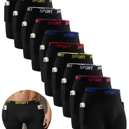 Todetana 10-piece Men's Solid Color Letter Tape Side Pocket Boxer Brief, Breathable Comfortable Underwear for Daily or Sports Wear, Casual Men's Underwear for All Seasons, Breathable Boxer Briefs
