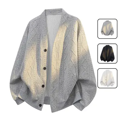 Men's Plus Size Knit Twisted Cardigan Jacket - V-Neck, Long Sleeve, Menswear Style, Plus Size Clothes, Comfortable Layering Top, Versatile Casual Wear, Matches Jeans & Leggings, Knitwear