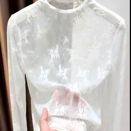 Women's Lace Long Sleeve Top, Half High Neck Design, Elegant Mesh Fabric, Perfect Inner Layer for Fall & Winter, Boho Tops