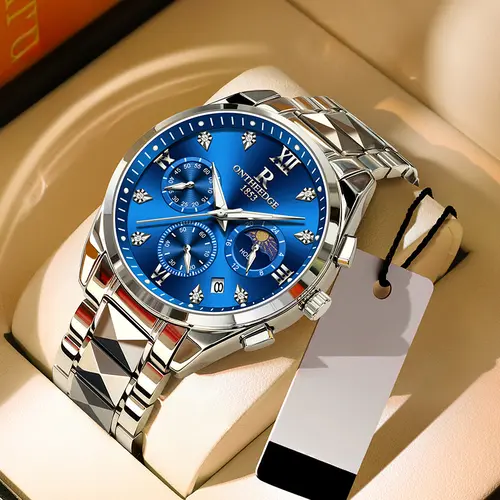 Men's Stainless Steel Quartz Analog Watch - Minimalist Business 3-Pin Chronograph with Luminous Hands, Calendar for Office Wear & Commute, Round Business Casual Fashion Watch, Small Three-Pin