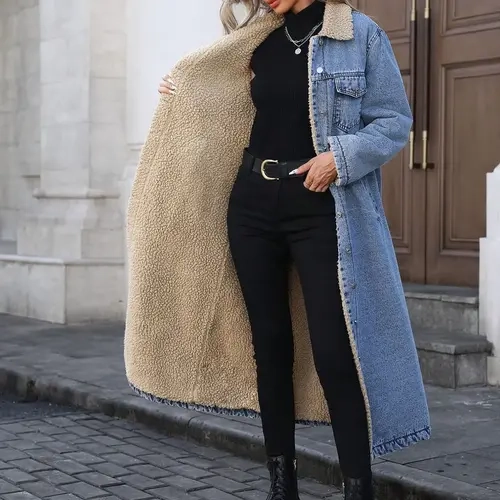 Women's Fall Winter Basic Chic Fashion Long Denim Jacket with Long Sleeves, Elegant Lapel Single Button Fleece Lined Warm Coat, Casual Versatile Outerwear