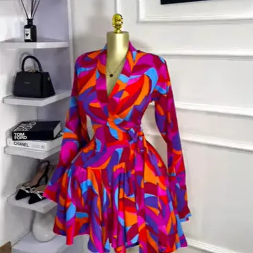PULKRITU Elegant Women's Tie-Dye Polka Dot Print Flare Long Sleeve Dress, V-Neck Bow Hem, Fall Winter Wear, Elegant Vacation Party Birthday Dress,Lady Skirt,Casual Dresses,Female Brunch Dresses,Music Festival Dress,