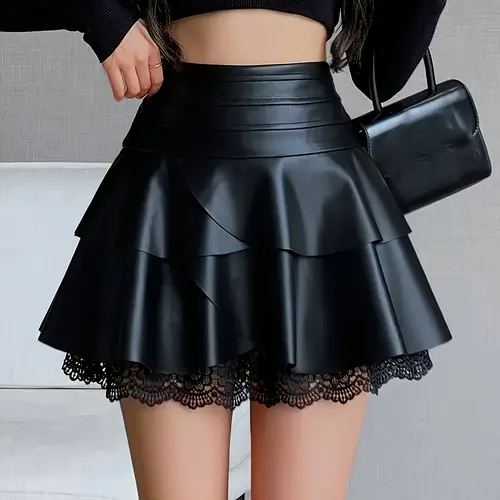 Women's High-Waisted PU Leather Skirt with Contrast Lace Trim, Casual Mini Skirt for All Seasons, Fitted Plain Design, Ruffle Trim Skirt, Ruffled Lace Skirt, Jada Skirt