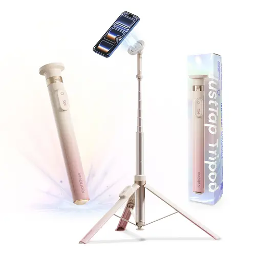 KraftGeek JustTap Ombré Peach Magnetic/Clamp head 66" Selfie Stick Tripod for iPhone 17 & Pixel 10, Automatic Tap-to-open Phone Tripod, Compatible with MagSafe, Fits iPhone 12-17 Series, MagSafe Case & Other Phones with Metal Ring