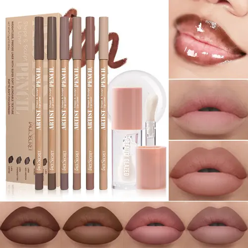 6pcs Matte Nude Lip Liner Set with Moisturizing Clear Lip Oil - Long-Lasting, Lightweight Shine for All Skin Makeup Lipliner Cosmetic Lip combo, Moisturizer, Flawless, Hydrate