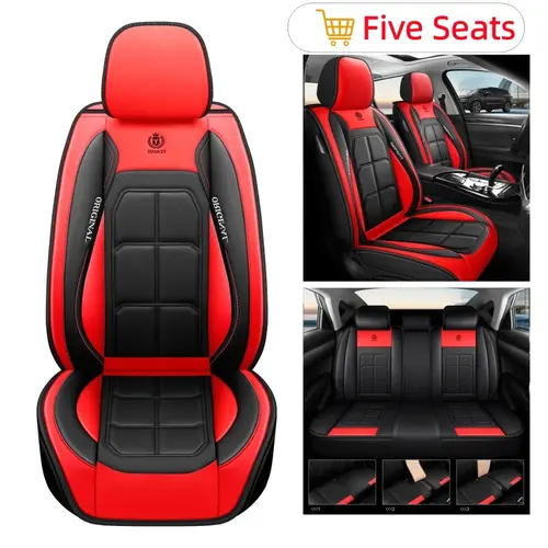 Premium PU Leather Seat Covers - Red & Black 5-Seat Universal Fit for Vehicles, Easy Install Vehicle Interiors Automotive Upholstery Car Accessories, Five Seats