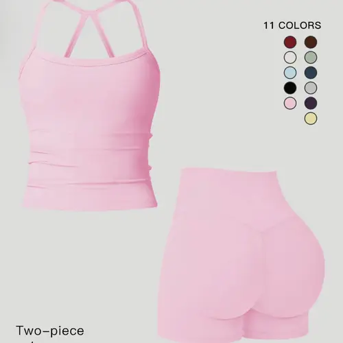 Women's Quick-Dry Two-piece Set, Solid Backless Cami Top & High Waist Tummy Control Butt-Lifting Shorts Tracksuit Set, Ladies Sportswear Gym Outfits, Yoga Gym Running Wear, Activewear Fitness Outfit