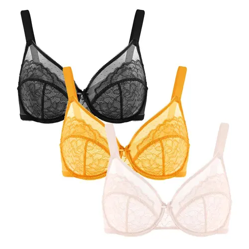 【3 Pack】 Enchante Lace Bra Set Floral Lace Underwire PLus Size Full Coverage Bra