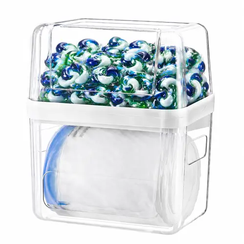 AIR U 3-in-1 Dustproof Compartment Container - Cabinet Box for 13/30/33 Gal Trash Bags, Dishwasher Pods, Laundry Detergent Tabs, Under Sink Organizer for Kitchen & Laundry Room (Dustproof Storage Boxes Line), Transparent