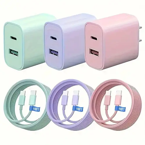GSASUPJ 20W USB-C Wall Charger with 3-Pack 10FT USB-C Cables, Super Fast Charging Electronic Charger Compatible with iPhone 17/16/15, Samsung, Pad, Smartphone, Cellphone, Mobile Devices, Phone Charger