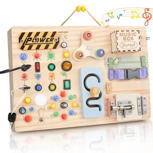 Joyreal Wood Unisex Toddler Toy Busy Board, 31.5x21cm Montessori Activity Toy for 2-3 Year Olds, with 20 LED Lights, 19 Fine Motor Skills Features, Music Box, AAA Certification, Patience-Building, for Christmas/Birthday Gifting