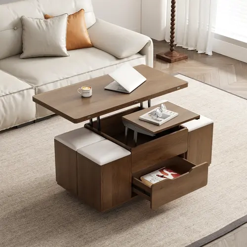 Homary 39" Walnut Rectangle Compact & Adaptable Lift-Top Dining Convertible Coffee Table - 39.4"x19.7"x25.4", Engineered Wood, Fully Assembled, Hidden Drawer, 4 Stools, Locking Wheels, Softclose Hinges, Indoor Accent Furniture for Studios, Small Spaces