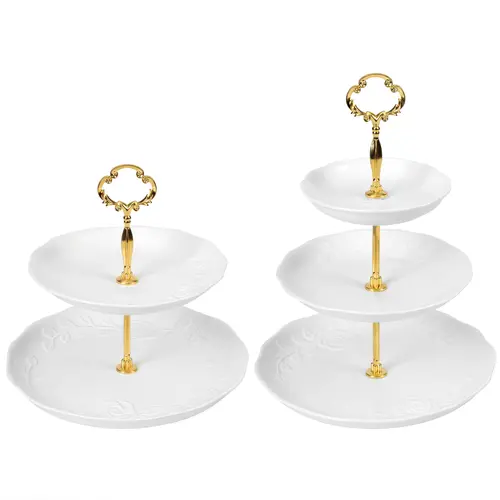 Ceramic 2-Set Dessert Display Set - 3-Tier & 2-Tier Round White Embossed Porcelain Serving Trays with Metal Stands, Cake Stands for Party, Gift for Weddings & Afternoon Tea, Home Decor