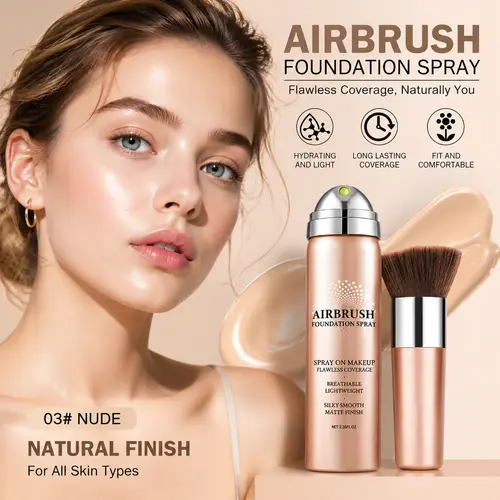 Flawless AirBrush Foundation Makeup Kit, Beauty Cosmetics with High Coverage, Smooth Creamy Matte Spray, Flawless Skin Tint for Mature Skin, Light Beige with Natural Nude Finish, Cosmetic, Flawless Skin Finish