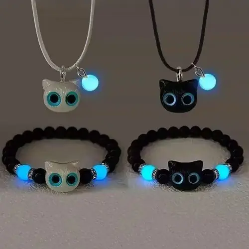 4pcs Glow-In-The-Dark Cat Costume Jewelry Set, Boho Jewelry Set, Adjustable Elastic Beads, Vintage Bohemian Style, Perfect Gift for Couples/friends