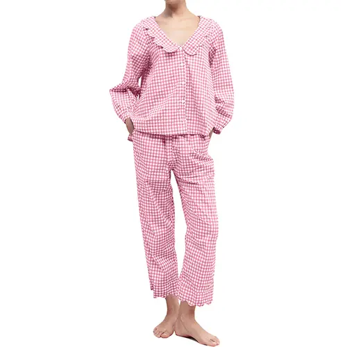 Women's 2-Piece Gingham Print Pure Cotton Pajama Set - Button Front Wave Neck Top, Pocket Convenience Pajama Pants, Year-Round Loungewear for Watch Party, Sizes S/M/L