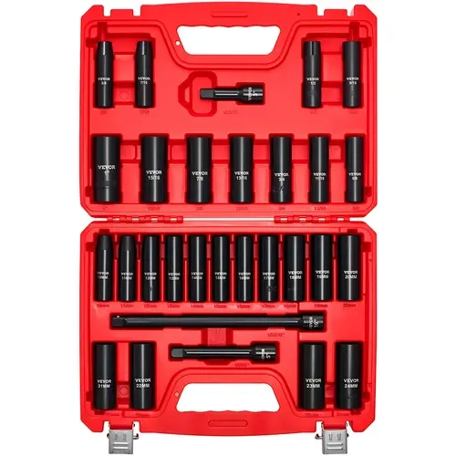 【toolupgrade】VEVOR 1/2 in Drive Impact Socket Set29 Piece6 Point Deep Impact SocketsSAE (3/8 to 1 inch) and Metric (10 to 24 mm) Sizes with Extension Bars (3510 in)Cr-V SteelHeavy Duty Carrying Case, Fathersday, 29 Pcs, 1/2 In Drive Impact Socket Se