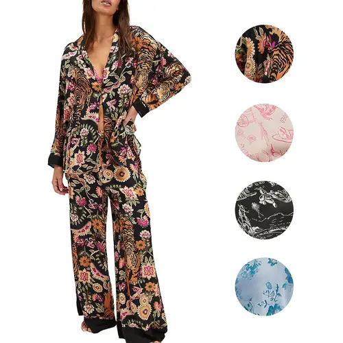 Arssm Women's 2 Piece Satin Silk Pajama Set Floral Long Sleeve Soft Button Down Pjs Set Sleepwear with Elegant Buttons for Comfort and Style