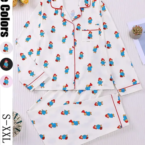 Cute Doll Bear Print Women's Sleepwear Pajama Loungewear Pjs Set, Casual Home Nightwear, Long Sleeve Button Front Top and Loose Elastic Pants, Casual All-Season Home Wear