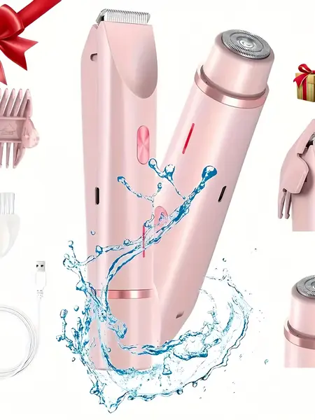 Bikini Trimmer and Shaver Kit for Women - 2-in-1 Wet/Dry Electric Body Hair Trimmer Facial Hair Removal Cordless Bikini Shaver Razor for Face Lip Chin Underarm Legs,IPX7 Waterproof&Easy Cleaning, Stocking Stuffers Christmas Gifts