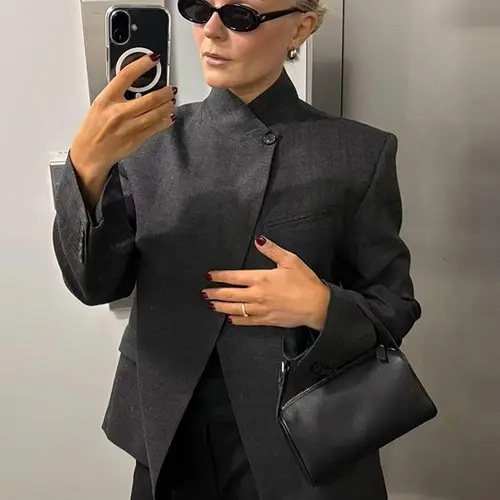 Vintage Asymmetric Jacket Women's Jacket Demi-Season Darkgrey Stand Collar Casual Blazer Long Sleeve Outerwears Retro Chic Style For Office & Streetwear Jacket