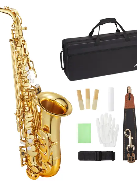 Brass Eb Alto Saxophone Set - Elegant, Durable, Ergonomic, Handcrafted Design with Case, Cork Grease, Cloth, Neck Strap, Brush, Gloves, Reed - Ideal for Beginners, Performances