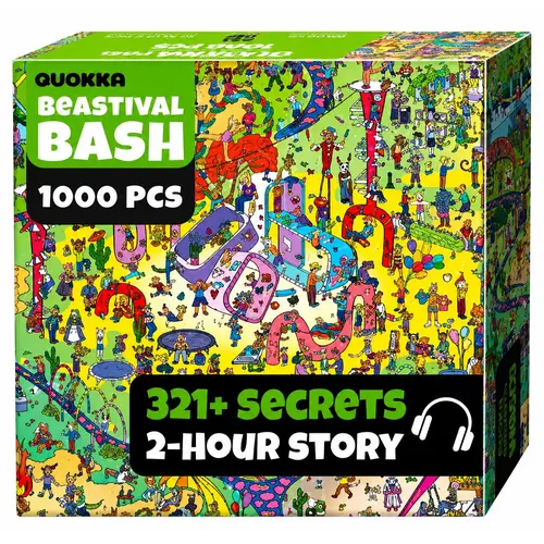 QUOKKA 1000-Piece Rectangular Advanced Cardboard Puzzle Game for 15+ Years, Vibrant Art Animal Bash Scene, 2 Secret Envelopes with Bonus Tasks, 2-Hour Immersive Audio Story, Hidden Secrets, Detail Skill Boost, Festival Toy, Indoor Fun, Observation