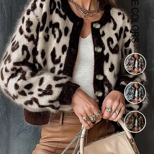 Women's Vintage Leopard Print Autumn Knit Cardigan Sweater Knitwear, New Fall/Winter Design, Casual Style Loose Colorblock Long Sleeve Round Neck Top, Knitted Knitting