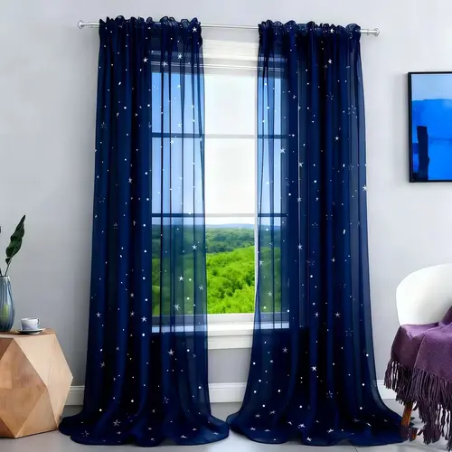 2pcs Silvery Star Pattern Sheer Printed Curtains for New Year, Christmas, Living Room, and Bedroom Decor, Party Decorations, Decorative Window Panels, Elegant Drapes, Machine Washable, Lightweight Material, Sheer Drapes, Home Textile