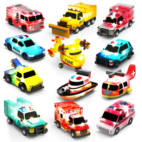 Tub Works 12-Pack PVC Emergency Car & Snowplow Bath Toys, Water-Activated Flash Color-Changing Unisex Sensory Kids Toddler Role Play Gifts