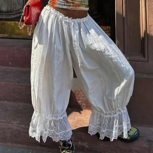 Women's Linen Bottom Pants, Bohemian Style Aesthetic Loose Fit, Lace Trim Floral Details Elastic Waistband Beach Casual Summer Vacation Wear