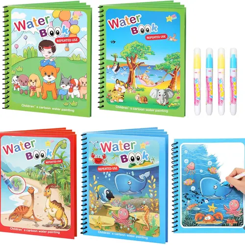 4 Pack Reusable Water Coloring Book for Toddlers, Doodle Paint with Water, Mess-Free Coloring Book, Portable Educational Drawing Toy Gifts, Magic Water Painting Book with Pen, Christmas Gifts For Grandkids, Travel Toys for Kids, Suitable for 3-6 Years Old