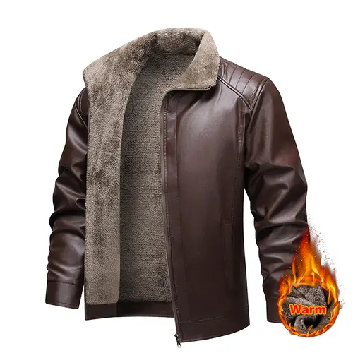 Men's Winter Leather Jacket Fleece Lined Warm Leather Coat with Lapel Collar for Daily Casual and Commuter Wear Long Style Thick Heavy Coats Beige