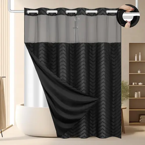No Hooks Shower Curtain With Liner, Black Velvet Herringbone Stripe Curtain, Machine Washable & Waterproof 72''*75'' inch