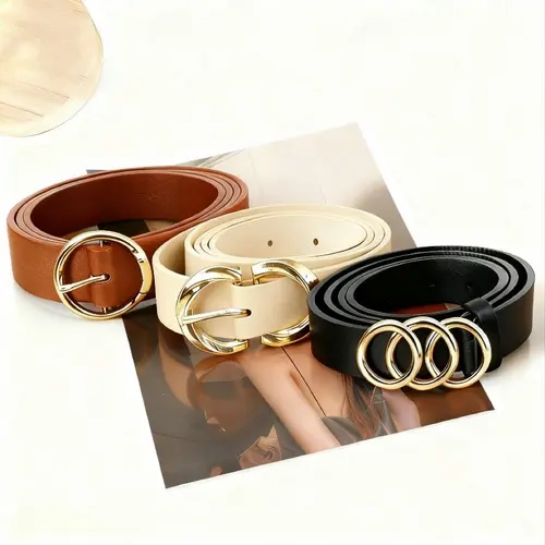 VIONAS Women's 3-Piece Industrial Exquisite Decorative Design Leather Belt Set - Cream, Snap-On Adjust Alloy Buckle, Rhinestones, Fashion Accessory for Casual Jeans Outfits