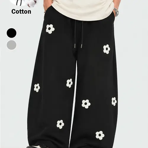 TELLFUN Men's Baggy Barrel Sweatpants - Floral Embroidery, Elastic Waist with Drawstring, Loose Fit Vintage Y2K Streetwear Casual Joggers, Baggy Sweatpants