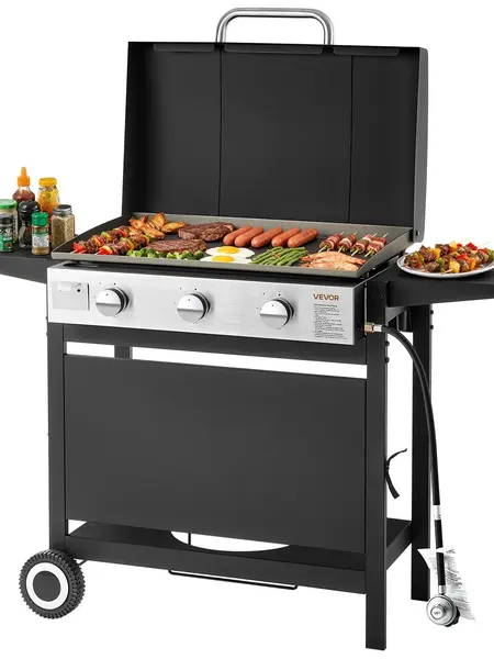 VEVOR Gas Griddle, 3-Burner Flat Top Grill, Propane Griddle with Wheels, Lid, 3 x 11000 BTU Outdoor Flat Top Grills for Pan-Frying, Grilling, Stir-Frying, & BBQ, Pulse Ignition, Removable Top Design