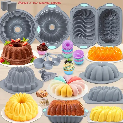 66/45/21-Piece Nonstick Silicone Baking Set with 7 Tubular Cups, 45 Mini Loaf Pans & Circular Reusable Molds - Silicone Muffin Pan for Banana Bread, Mousses, Christmas Gifts