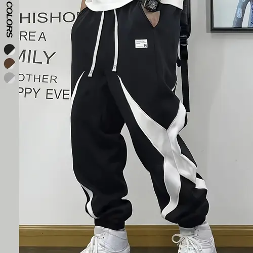 Men's Fitted Casual Athletic Pants Activewear Athleisure Pants Sportswear Menswear Spring Autumn Trendy Irregular Color Lines Deconstructed Patchwork Street Functional Style Drawstring Cut Streetwear