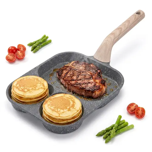 Non-stick Egg Frying Pan, 3 Holes Skillet With Handle, Nonstick 3-In-1 Divided Grill Pan - Multi-Use Egg Cooker, Omelette/Pancake Pan with Steak Function, Gas/Induction Compatible + Free Oil Brush & Scraper，Easy Clean，Breakfast Gadget，Family-Safe，